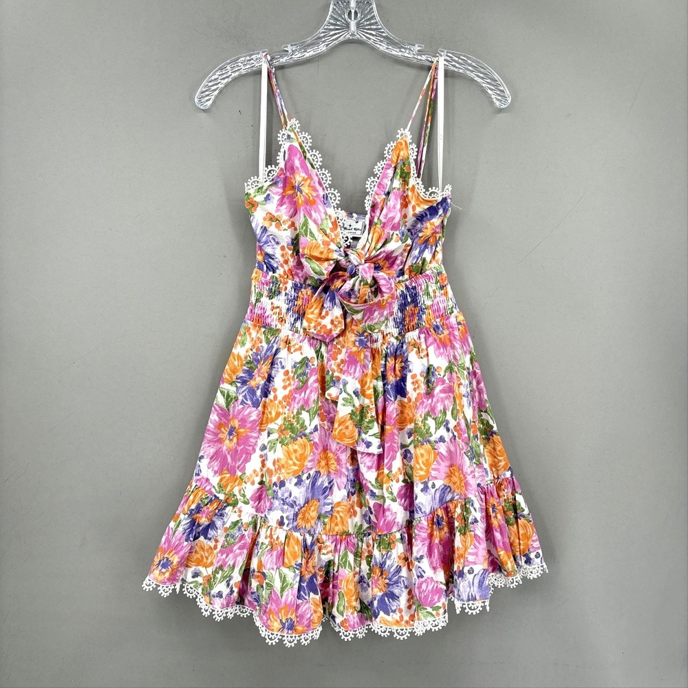 Angel Biba Dress Small Multicolor Floral V-Neck Tie Front Smocked Ruffle Hem